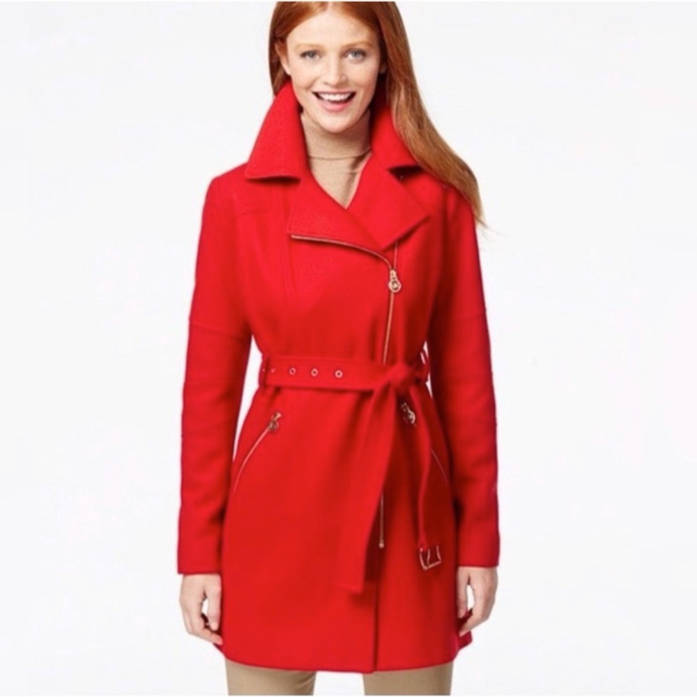 NWT MICHAEL Michael Kors Red Wool Coat Asymmetrical Zipper & Gold Accent & Belt